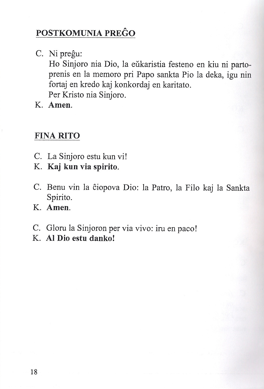 Postkomunia preĝo kaj fina rito